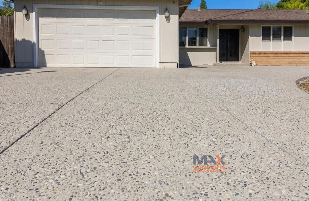 Close-up of exposed aggregate concrete driveway texture near garage in Mission Viejo, CA