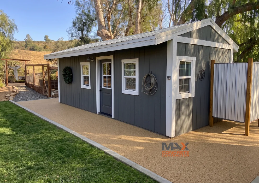 Resin bound pathway installation leading to backyard guest shed in San Clemente, CA