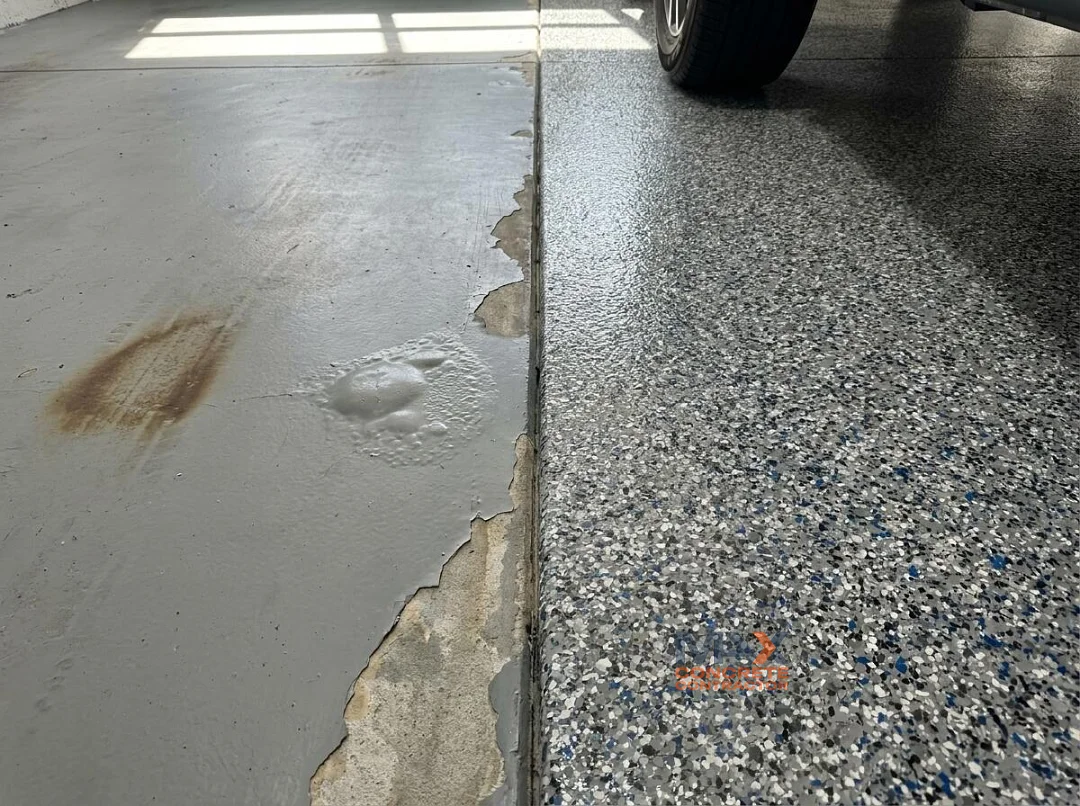 Overhead comparison of a peeling DIY epoxy kit floor and a professional epoxy flake floor in Irvine, CA