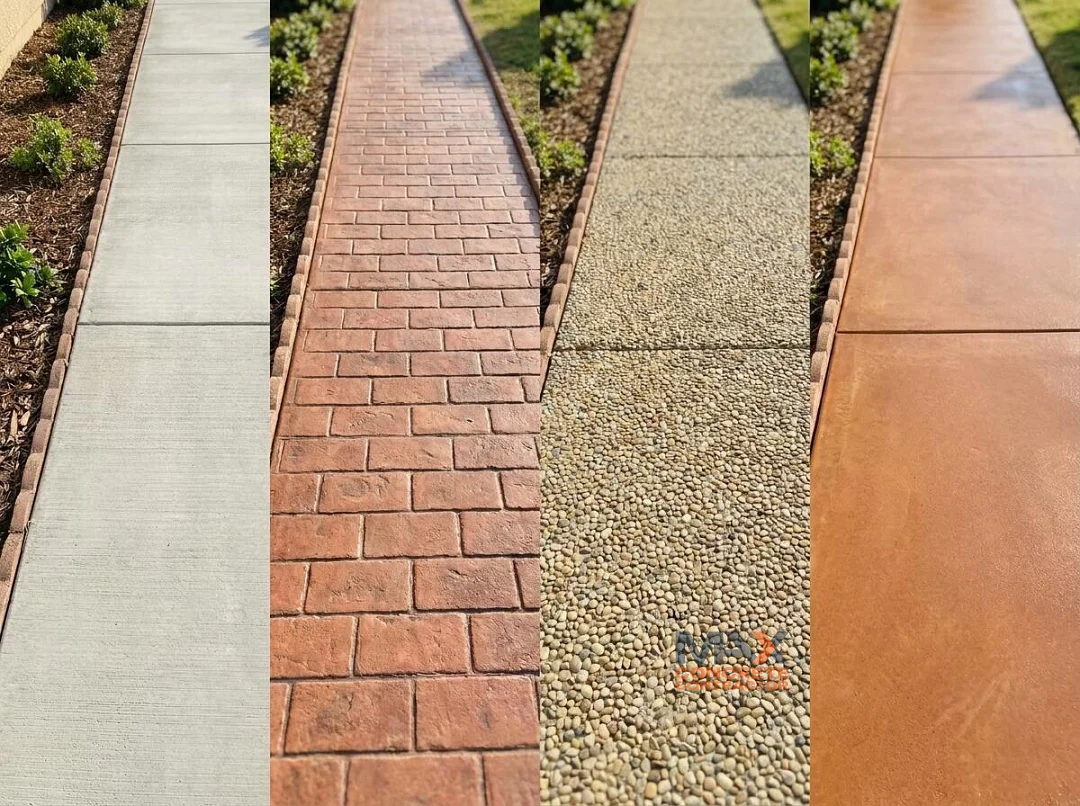 Comparison of broom finish, stamped, exposed aggregate and stained concrete walkway finishes in Irvine, CA