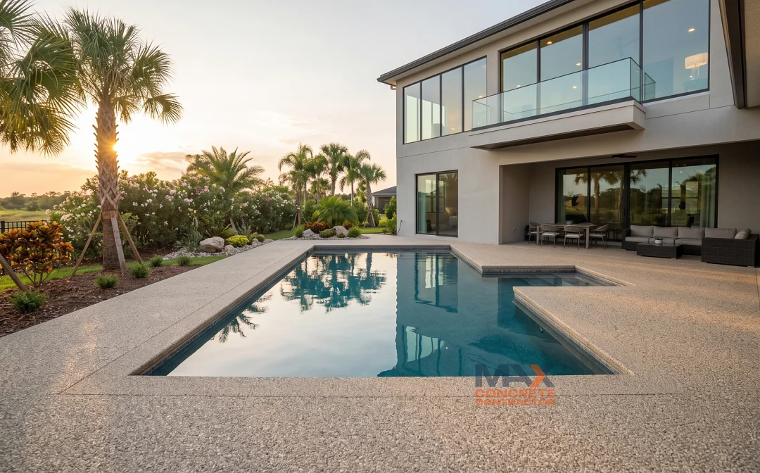 Resin-bound pool deck installation around backyard pool and spa in Newport Beach, CA