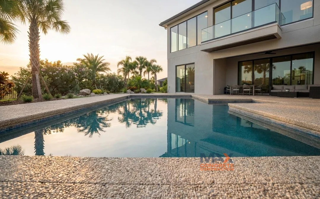 Tropical palm landscaping bordering resin-bound pool deck in Newport Beach, CA