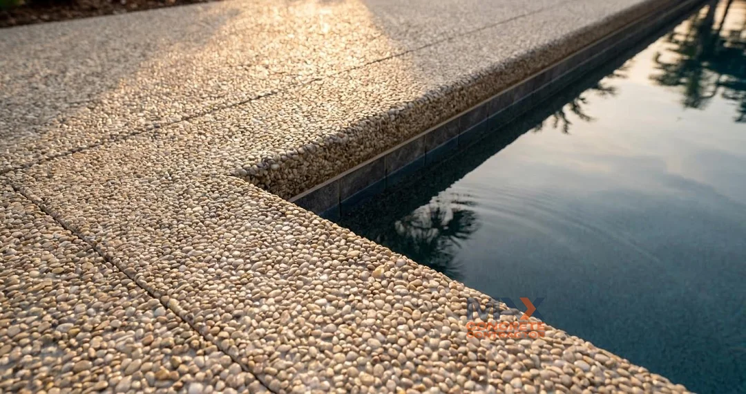 Close-up of resin-bound aggregate texture at pool coping edge in Newport Beach backyard