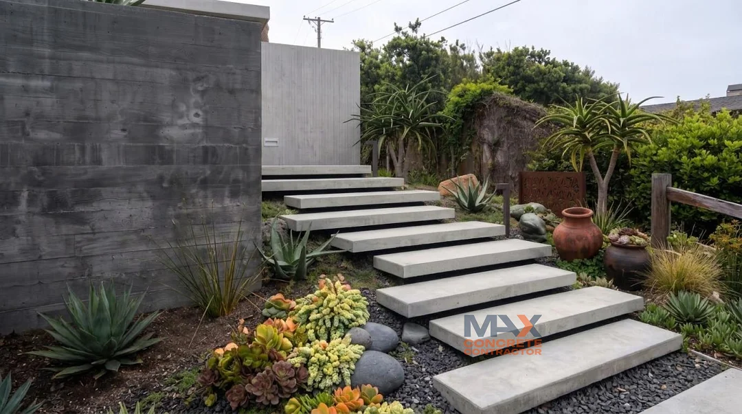 Close-up of floating concrete step edges beside succulent garden in Laguna Beach, CA