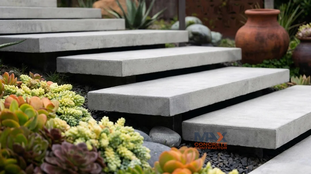 Cantilevered concrete steps set into board-formed wall in Laguna Beach garden