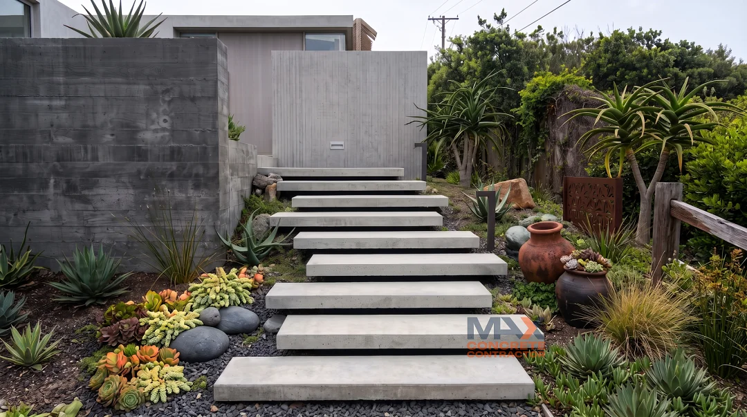Floating concrete staircase leading up to modern home in Laguna Beach, CA