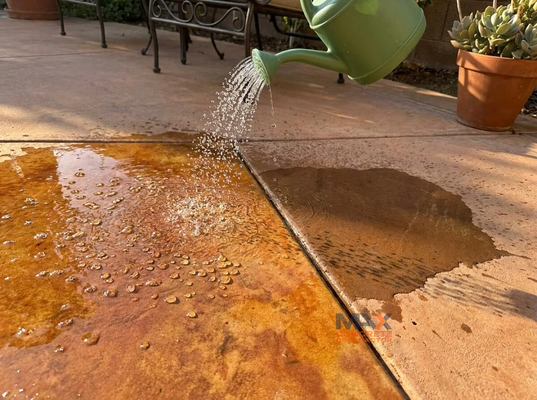 Water beading on sealed stained concrete versus soaking into unsealed concrete on a patio in Irvine, CA