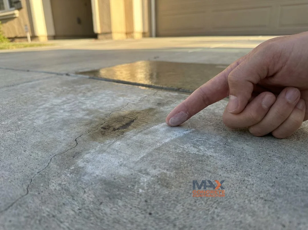 Close-up of chalky, worn concrete sealer with an oil stain and hairline cracks on a driveway in Irvine, CA