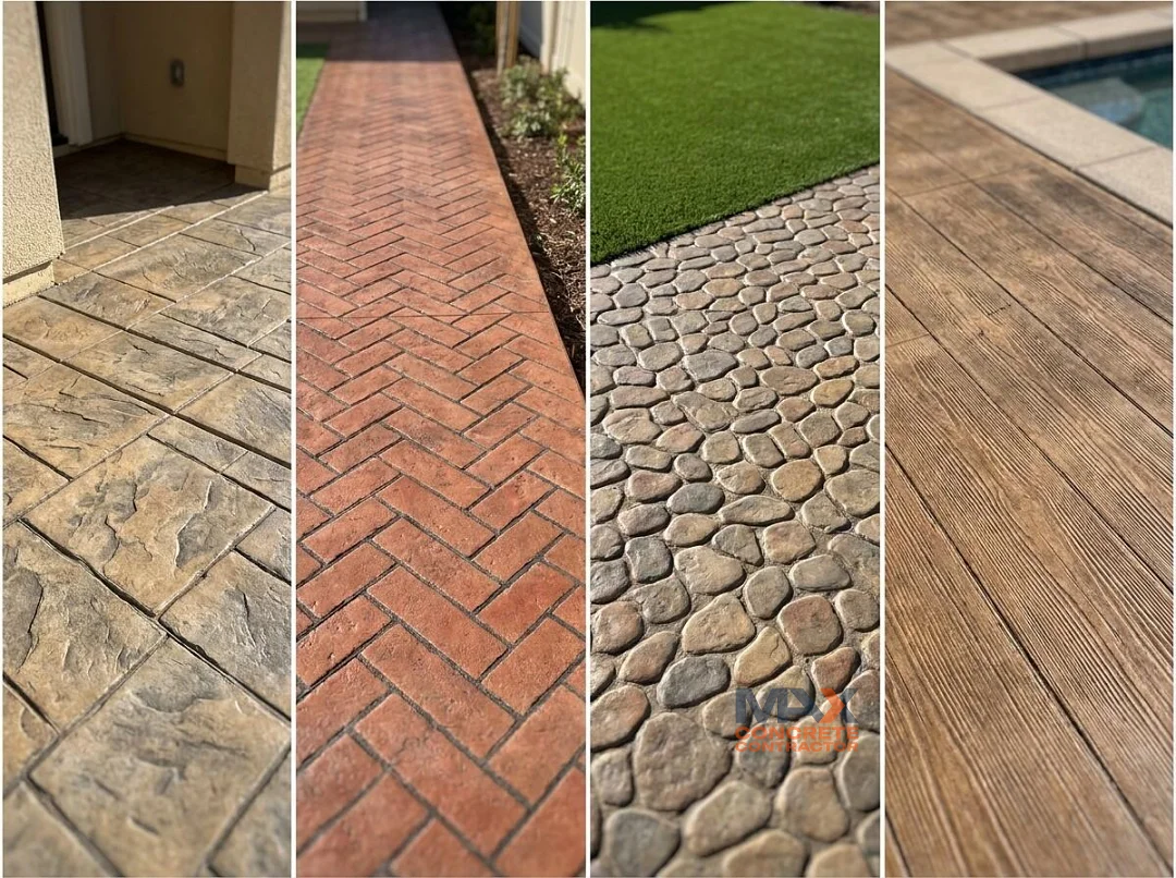 Comparison of ashlar slate, herringbone brick, cobblestone and wood plank stamped concrete patterns in Irvine, CA