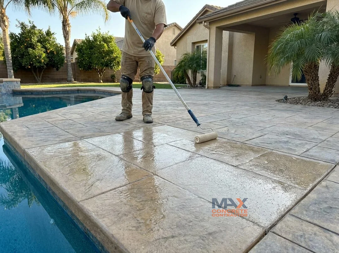Worker applying slip-resistant sealer to a stamped concrete pool deck in Irvine, CA