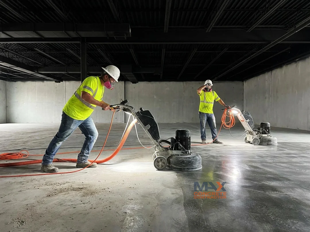 Concrete polishing machine grinding an existing slab with visible transition from matte to glossy finish in Irvine, CA