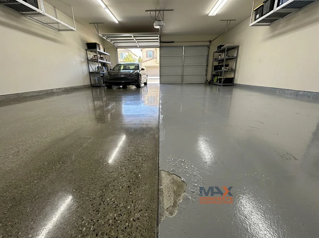 Comparison of a polished concrete floor and a peeling epoxy coated floor in Irvine, CA