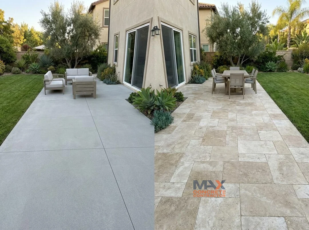 Side by side comparison of a poured concrete patio and a travertine paver patio in Irvine, CA