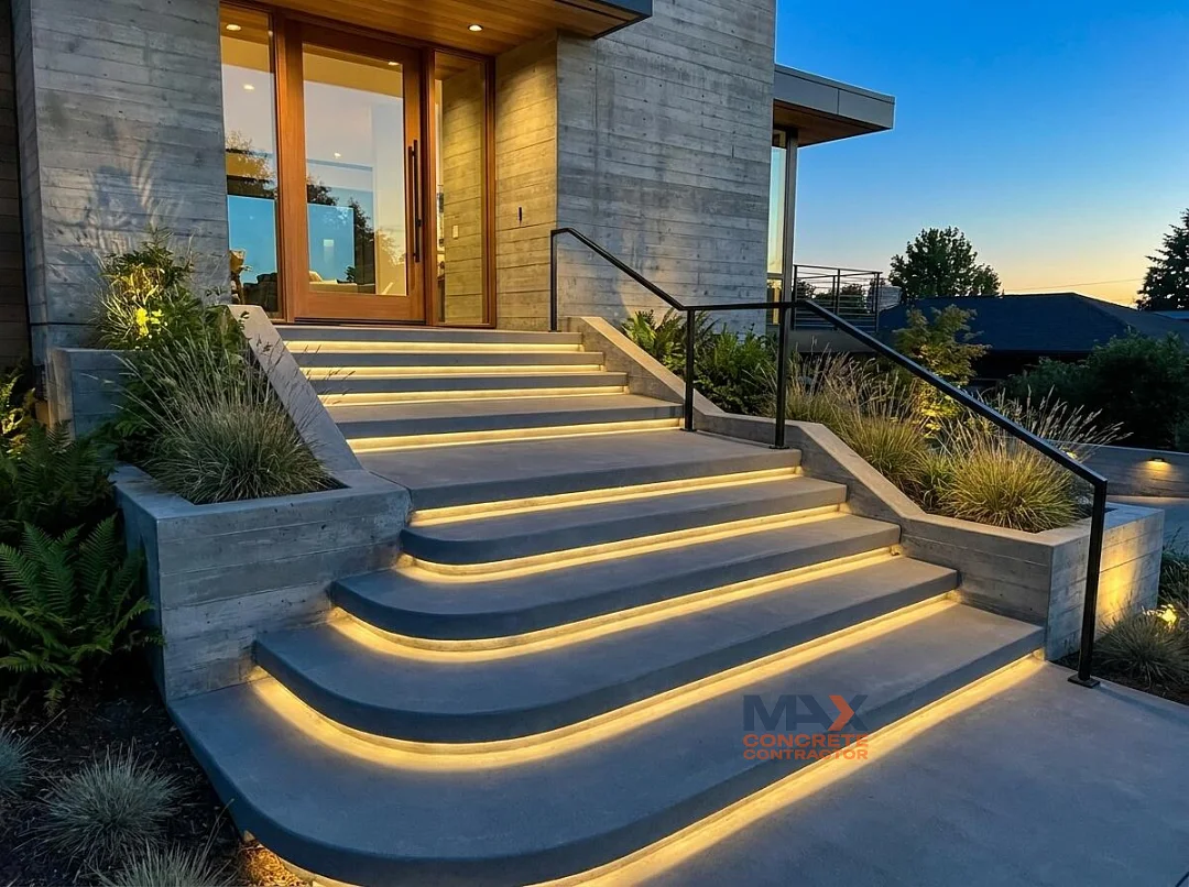 Floating concrete garden steps under construction showing cantilevered structural reinforcement in Irvine, CA