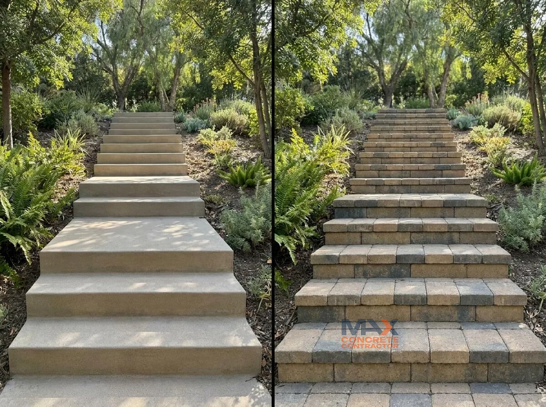 Comparison of a poured concrete staircase and a paver-built staircase in a garden setting in Irvine, CA