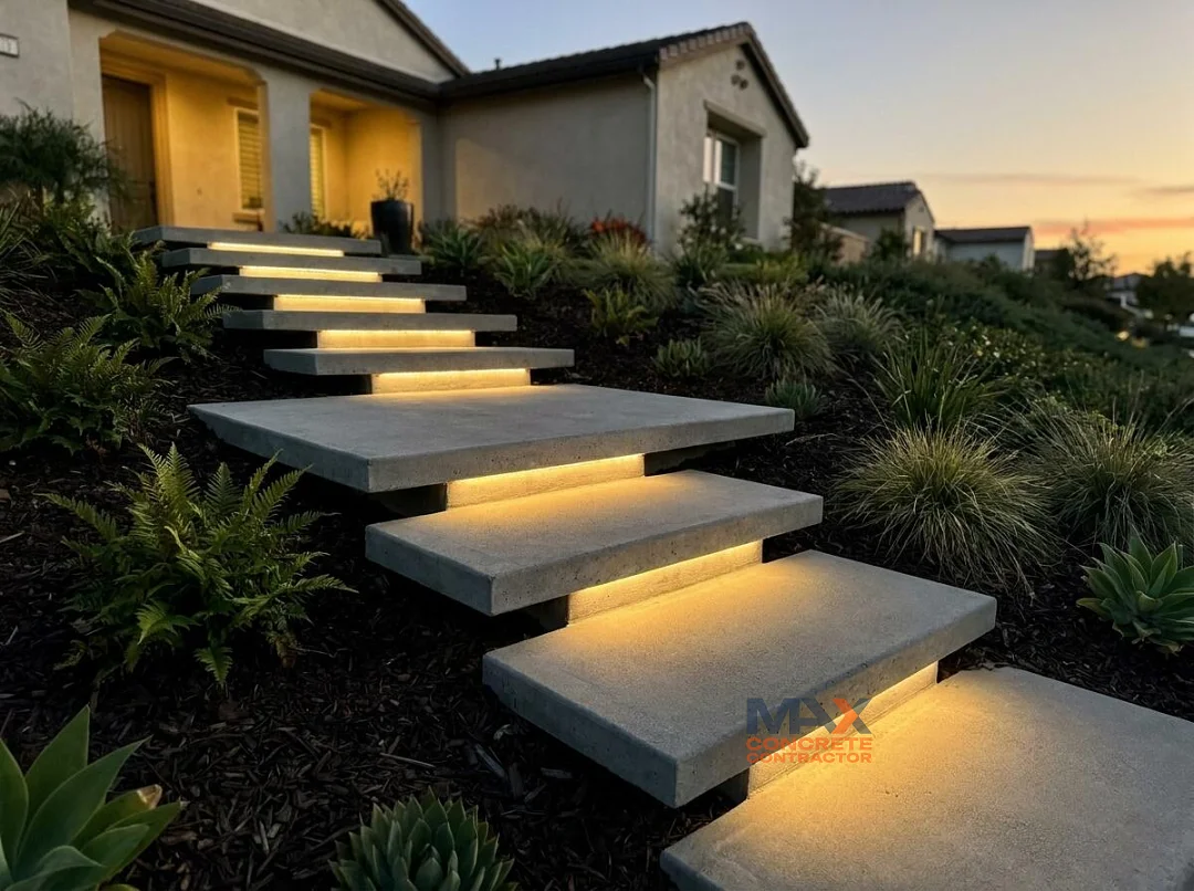 Floating concrete steps with embedded LED lighting illuminating a garden staircase at dusk in Irvine, CA