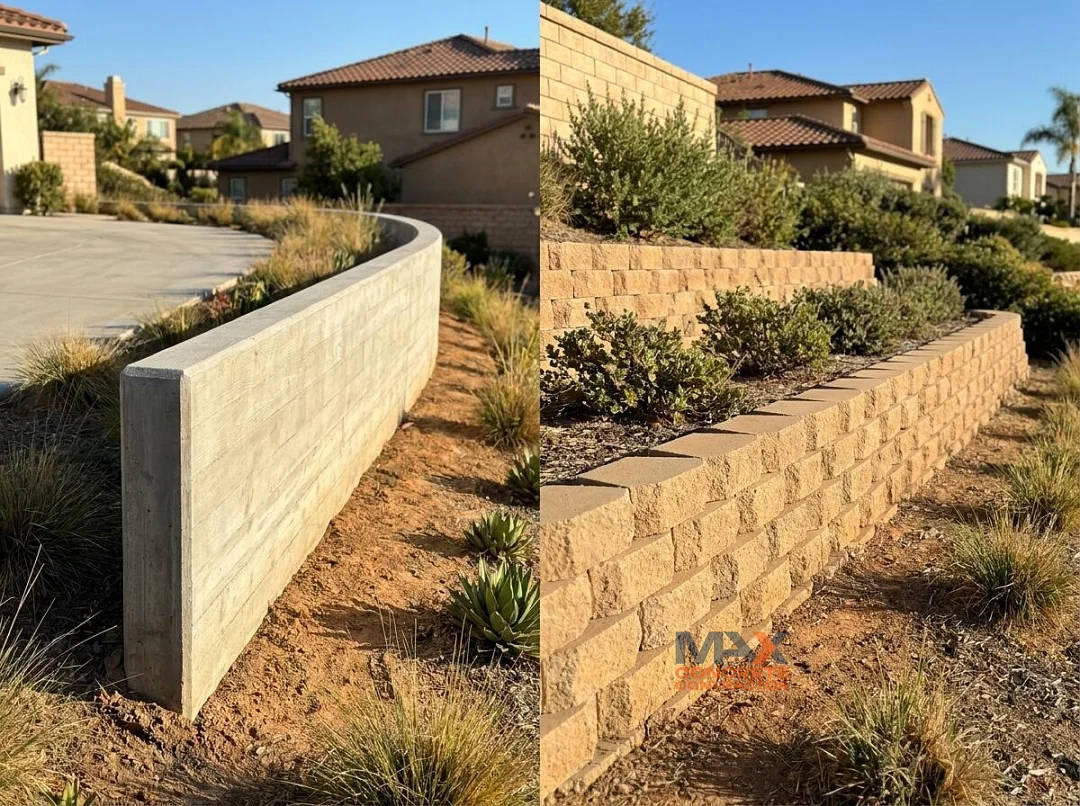 Comparison of a poured concrete retaining wall and a modular block retaining wall on hillside lots in Irvine, CA