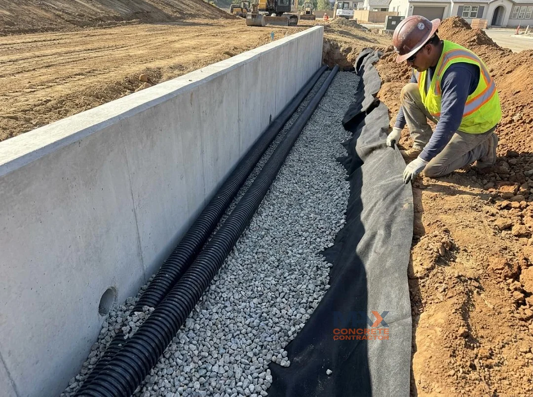 Perforated drain pipe and gravel backfill behind a poured concrete retaining wall under construction in Irvine, CA