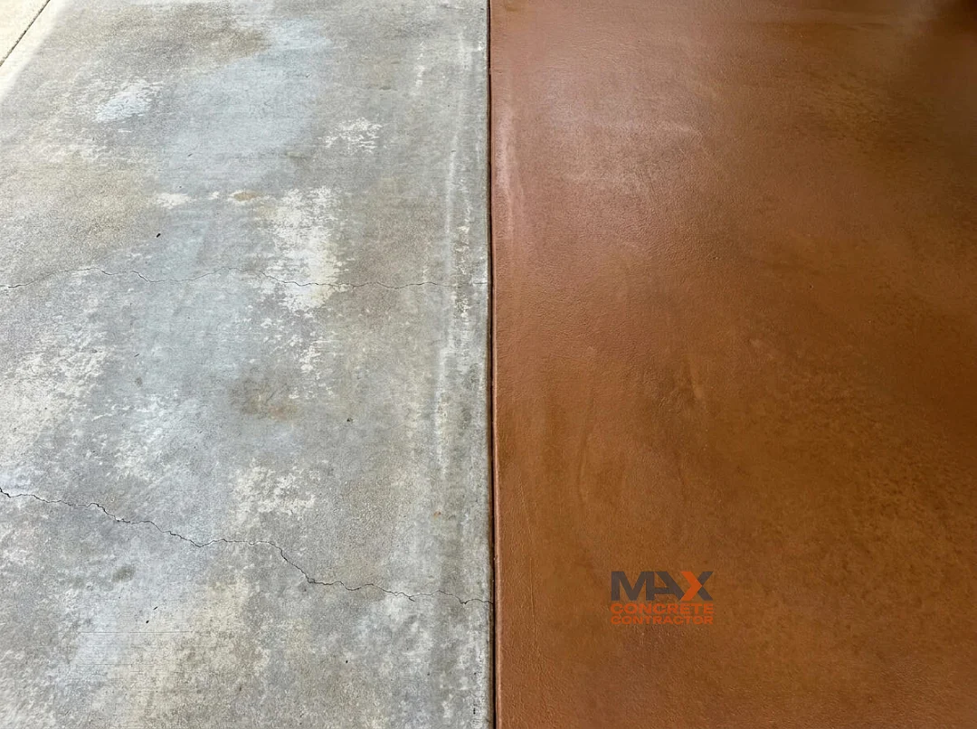 Faded plain gray concrete next to a rich terracotta stained concrete surface, showing the color transformation stain provides in Irvine, CA