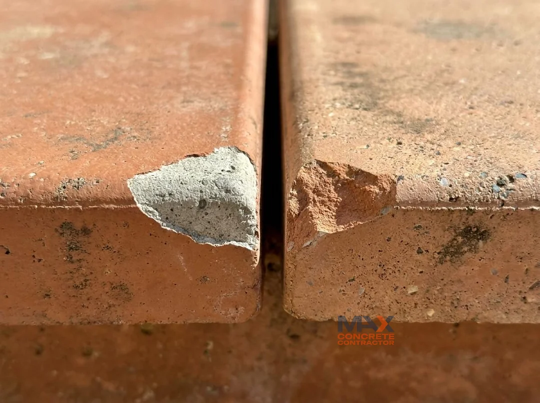 Chipped stained concrete revealing gray underneath compared to integrally colored concrete showing color through the chip in Irvine, CA