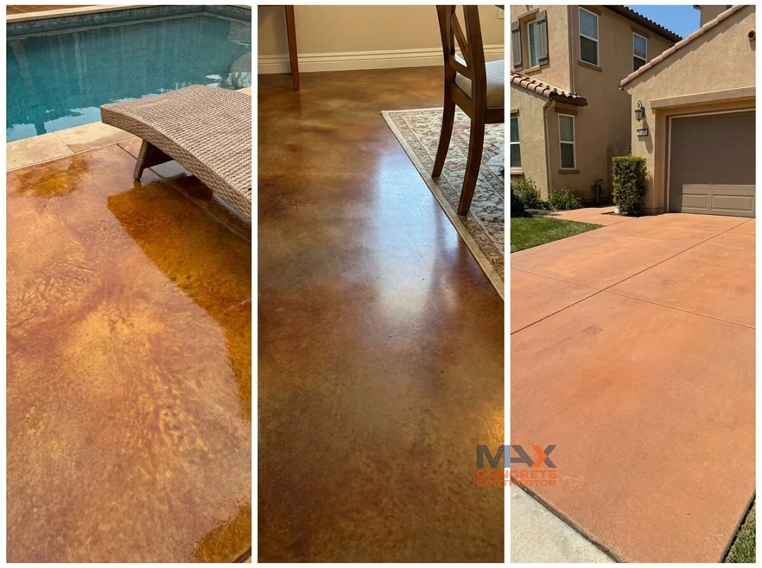 Acid-stained concrete used on a pool deck, interior floor and driveway in Irvine, CA