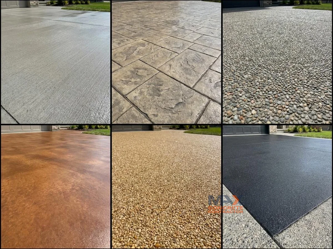 Comparison of concrete driveway finishes in Irvine, CA: broom, stamped, exposed aggregate, stained, resin-bound, and coated