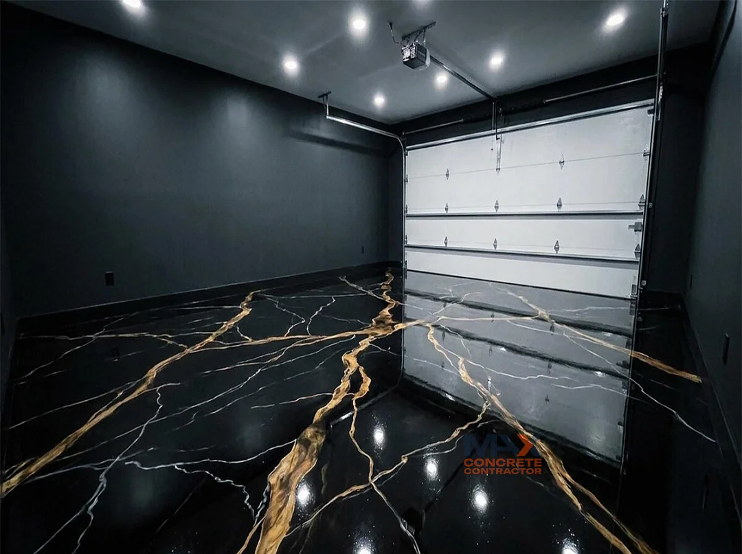 Black and gold Portoro marble-style metallic epoxy garage floor installed by a trained applicator in Irvine, CA