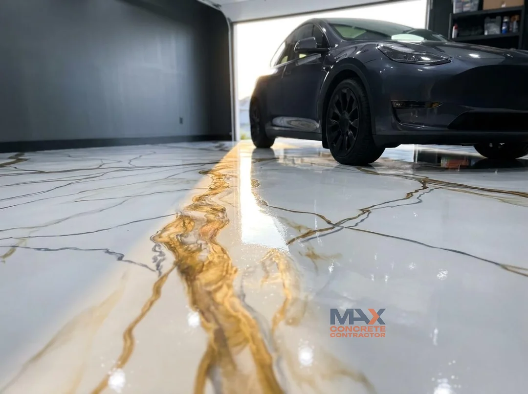 Low-angle view of a glossy metallic epoxy garage floor with a polyaspartic topcoat reflecting daylight in Irvine, CA