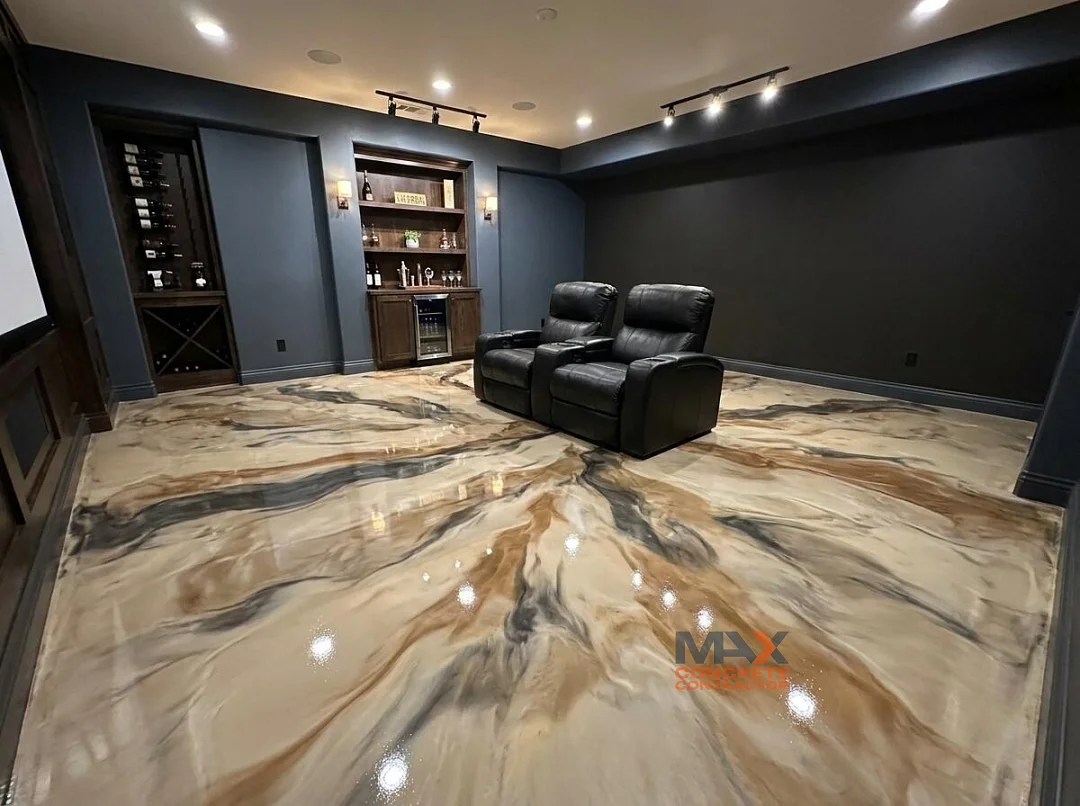 Metallic epoxy floor in a finished home wine cellar showing its use beyond garages in Irvine, CA