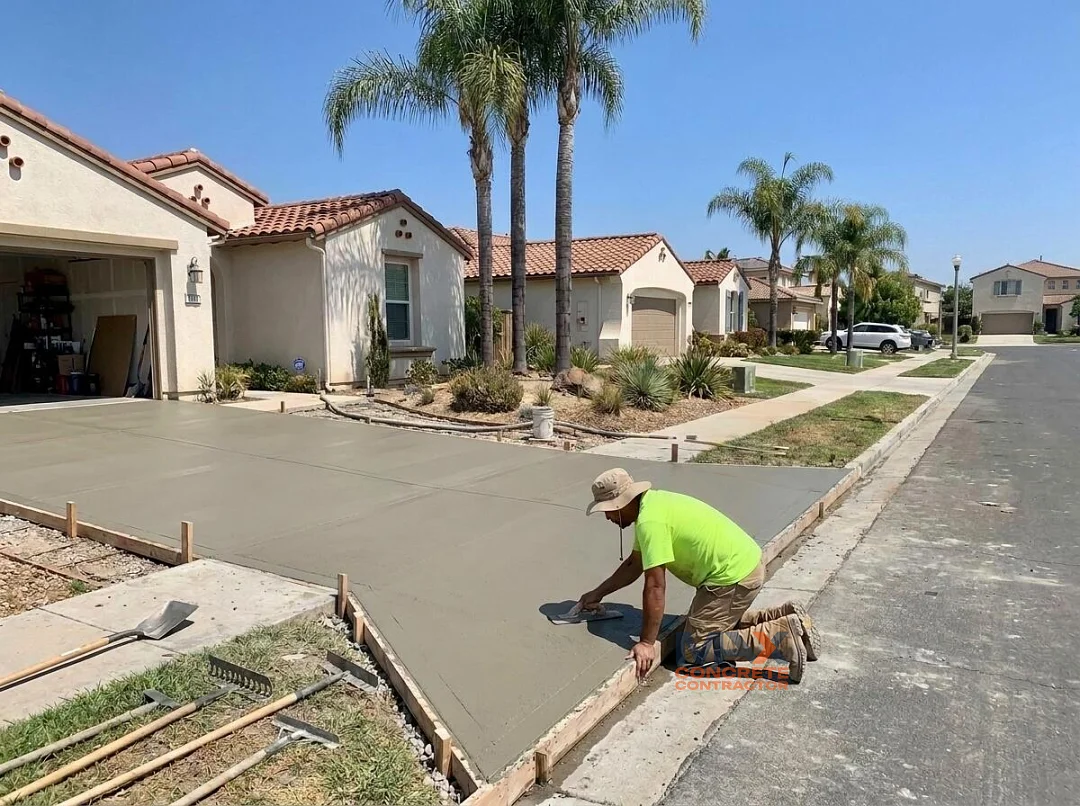 Construction worker in wide-brim sun hat troweling a freshly poured driveway approach connecting to the street in an Irvine, CA neighborhood