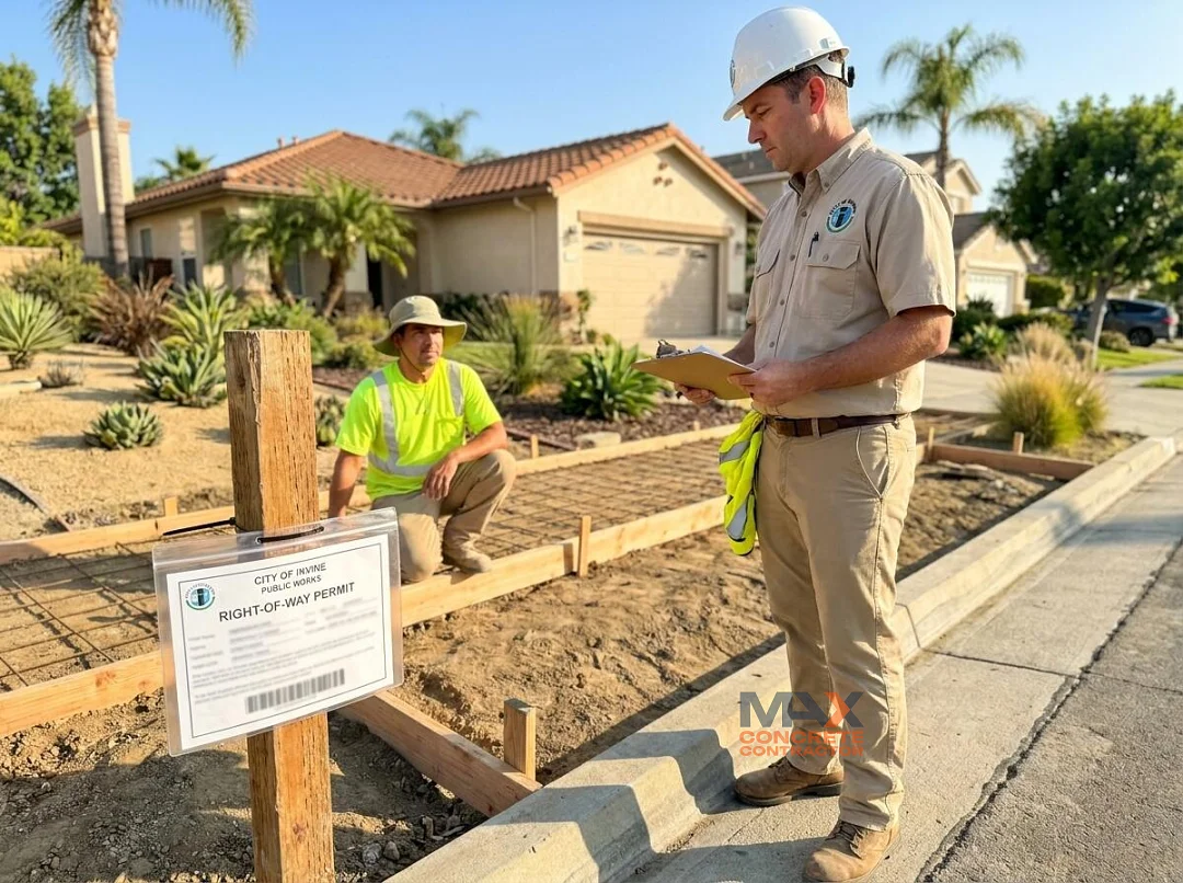 City inspector reviewing right-of-way permit at a driveway approach construction site in Irvine, CA