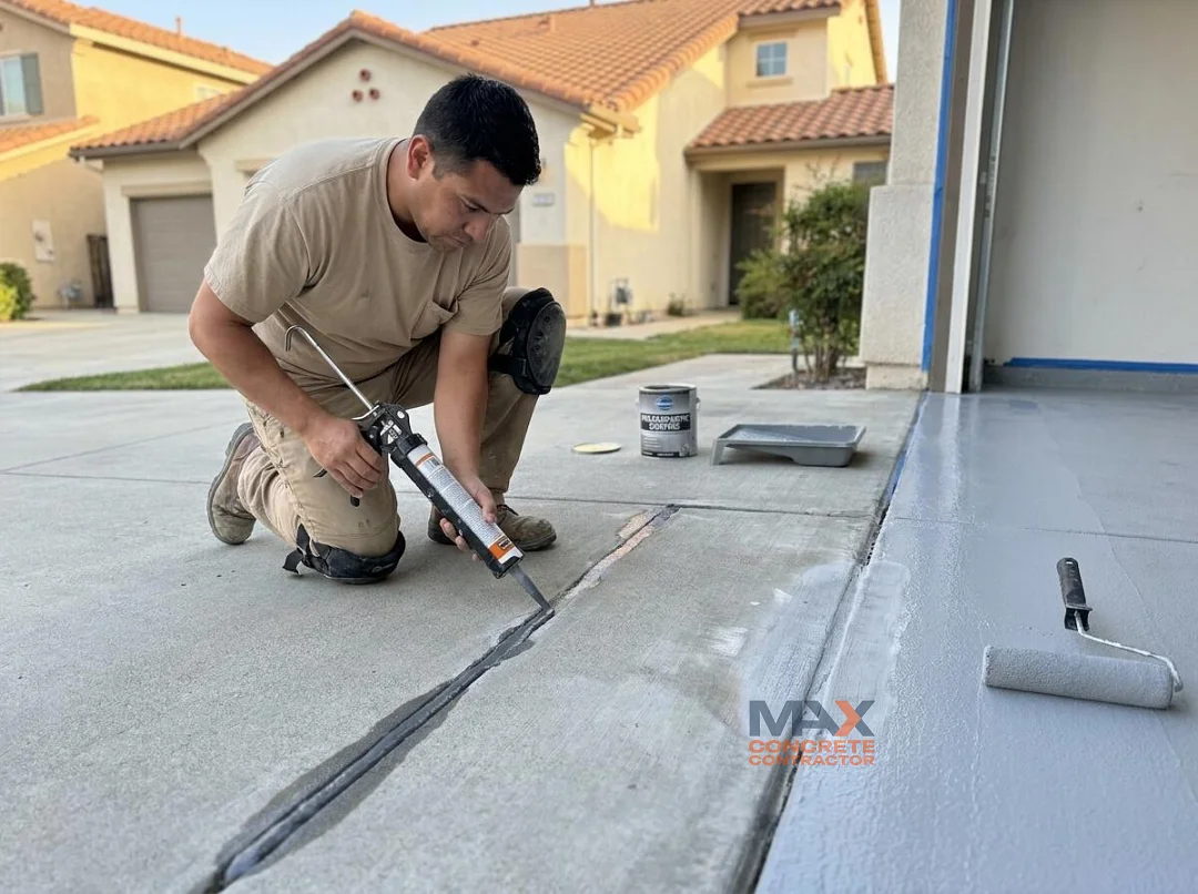 Worker repairing a driveway crack with flexible filler before applying polyaspartic coating in Irvine, CA