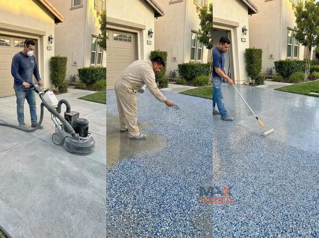 Diamond grinding, flake broadcast and topcoat stages of a polyaspartic driveway coating installation in Irvine, CA