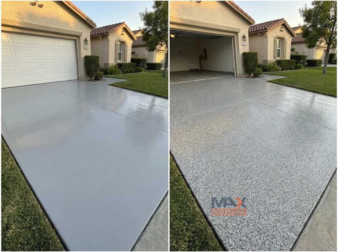 Comparison of solid color, flake blend and metallic polyaspartic driveway coating options in Irvine, CA